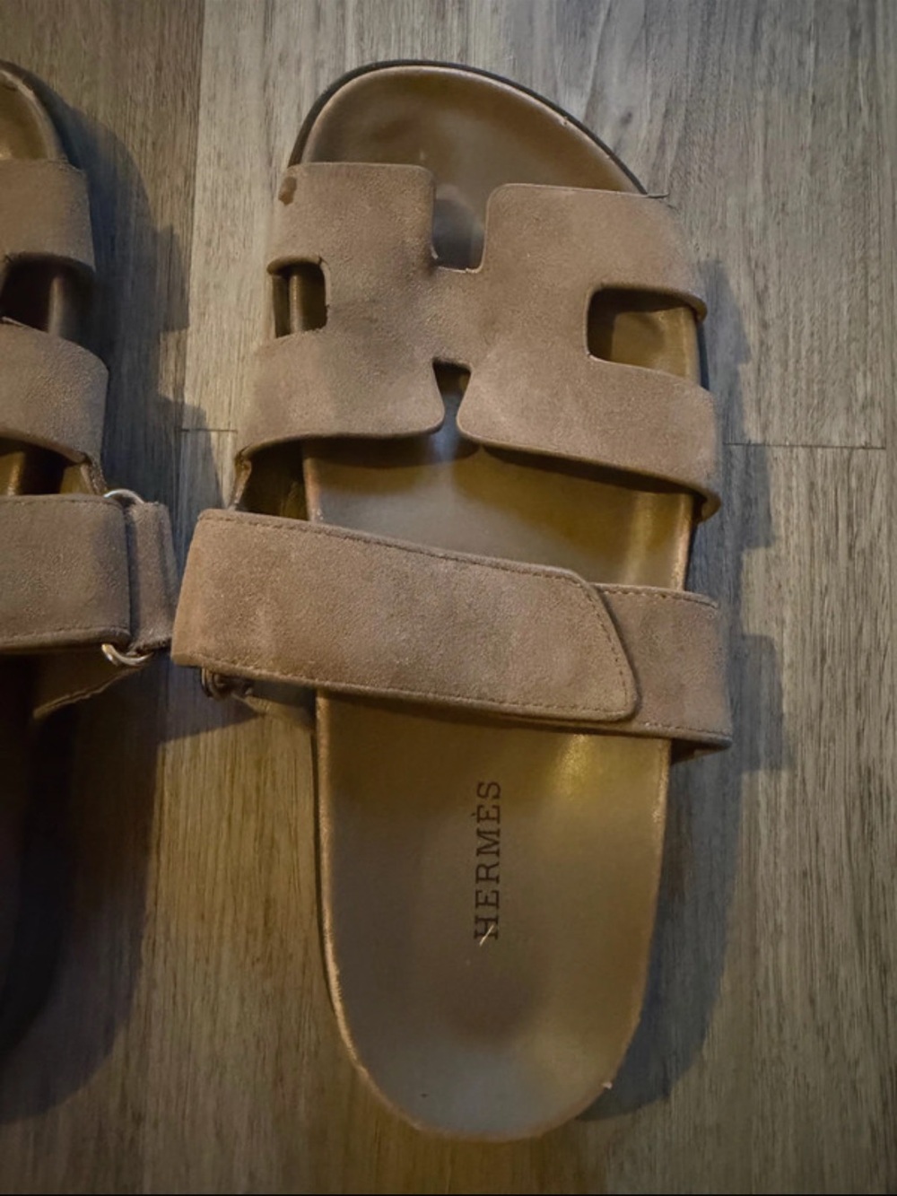 Hermes Taupe Suede Double-Strap Slide Sandals
